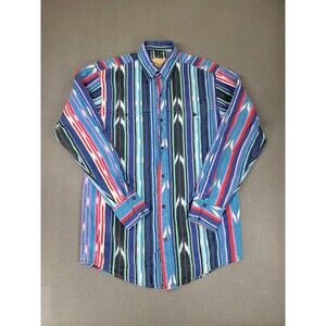 Vintage Steer West Western Shirt Mens L Blue Black Stripe Tribal Cowboy 90s USA